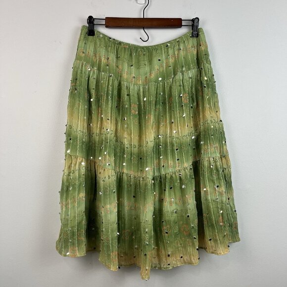 Hipnotix Midi Skirt Floral Sequined Pleated Tiered Womens 10 Green Fairy‎ Spring - Picture 1 of 10